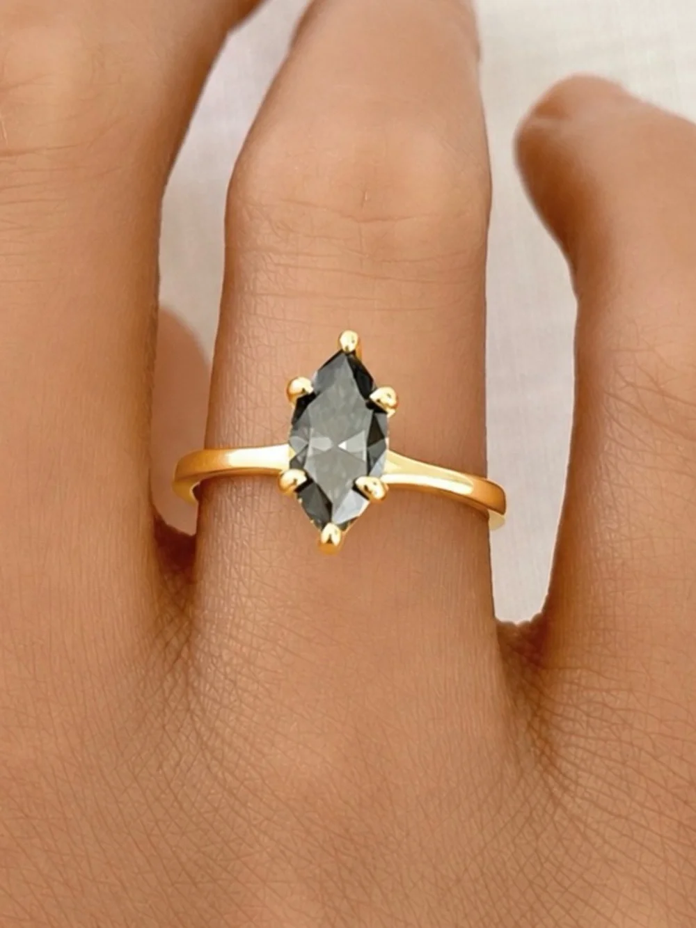 Yellow Gold Marquise Dark Gray Moissanite Diamond Sterling Silver Solitaire Ring